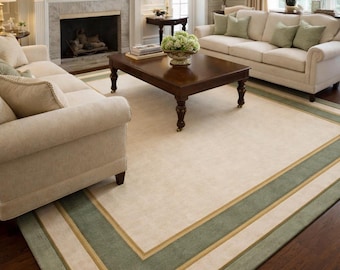 Hand Tufted Wool Area Rug | Saige-Green Border Neutral Cream Carpet Living room