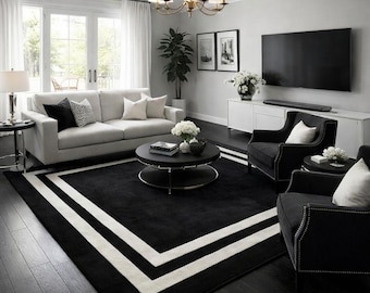Hand Tufted Wool Area Rug | Black White Border Modern Carpet Living room