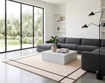 Hand Tufted Wool Area Rug | Ivory and  Black Border Modern Carpet For Living Room