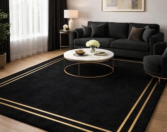 Hand Tufted Wool Area Rug | Black and Gold Border Modern Carpet For Living Room