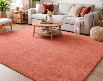 Hand Tufted Wool Area Rug | Soft Burnt Orange Modern Carpet for Living Room