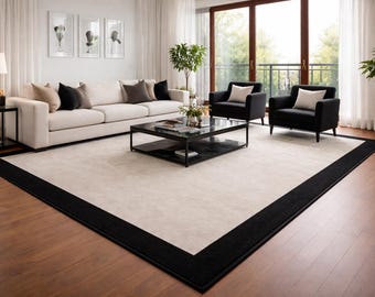 Hand Tufted Wool Area Rug | Ivory Black Border Modern Carpet For Living Room