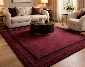 Hand Tufted Wool Area Rug | Burgundy Border Modern Carpet For Living Room