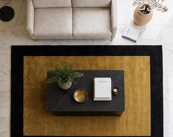 Carpette en laine tuftée à la main | Tapis moderne à bordure dorée et noire pour le salon