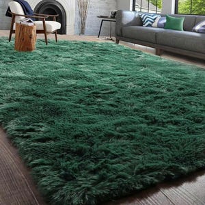 May include: A large, rectangular area rug featuring a deep forest green color and a thick, shaggy, high-pile texture. The rug covers a significant portion of the dark wood floor, displaying a dense, soft surface with varied light and shadow.