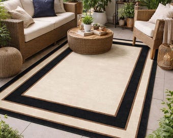 Hand Tufted Wool Area Rug | Soft Baige and Black Border Modern Carpet