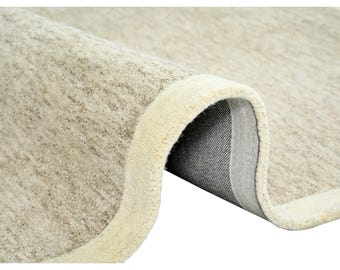 Hand Tufted Wool Area Rug | Soft Beige White Border Modern Carpet