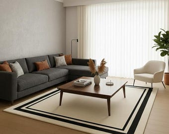 Hand Tufted Wool Area Rug | White Black Border Modern Carpet For Living Room, Bedroom