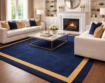 Hand Tufted Wool Area Rug | Navy Blue Gold Border Luxury Modern Carpet