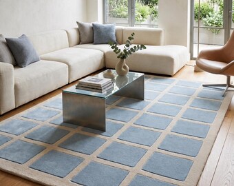 Hand getufteter Wollteppich | Himmelblau und Baige Moderner Teppich Für Wohnzimmer