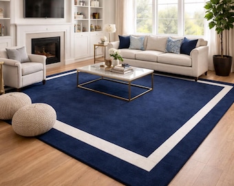 Hand Tufted Wool Area Rug | Navy Blue White Border Modern Carpet Living room