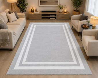 Hand Tufted Wool Area Rug | Soft Silver White Border Modern Carpet