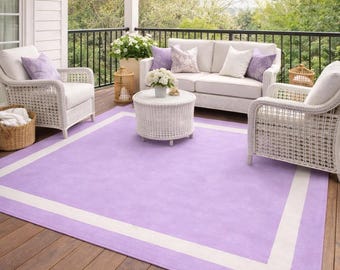 Hand Tufted Wool Area Rug | Lavender White Border Modern Carpet For Living Room