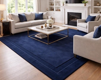 Hand Tufted Wool Area Rug | Soft Navy Blue Border Rug Modern Living Room Carpet