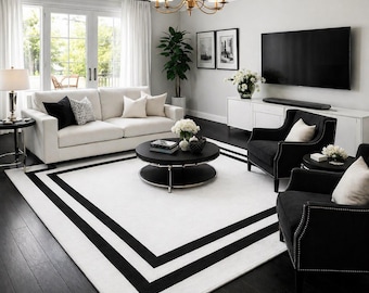Hand Tufted Wool Area Rug | White Black Border Modern Carpet For Living Room