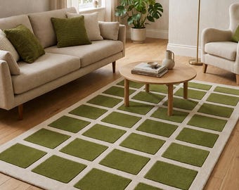 Handgetuft wollen vloerkleed | Groen en baige modern tapijt voor woonkamer