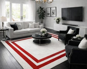 Hand Tufted Wool Area Rug | White Red Border Modern Carpet Living Room Bedroom Rug