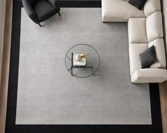 Hand Tufted Wool Area Rug | Soft Grey Black Border Modern Carpet