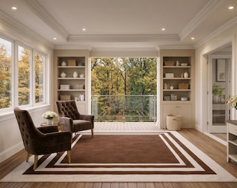 Hand Tufted Wool Area Rug | Brown and Baige Border Modern Carpet For Living Room