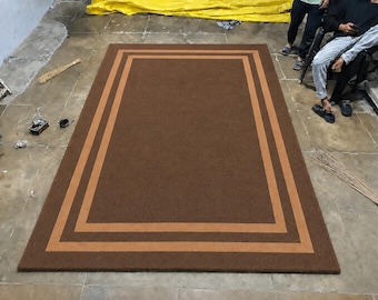 Hand Tufted Wool Area Rug | Soft Brown Border Modern Carpet