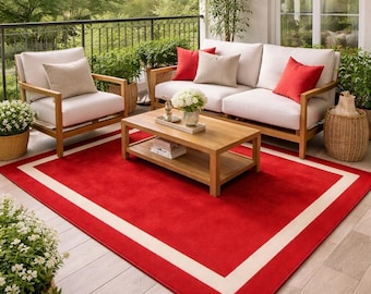 Hand Tufted Wool Area Rug | Red and White Border Luxury Modern Carpet