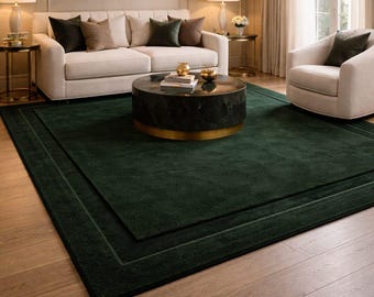 Hand Tufted Wool Area Rug | Green Border Modern Carpet For Living Room