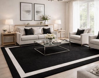 Hand Tufted Wool Area Rug | Black White Border Modern Carpet Living room