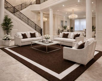 Hand Tufted Wool Area Rug | Brown White Border Modern Carpet Living room