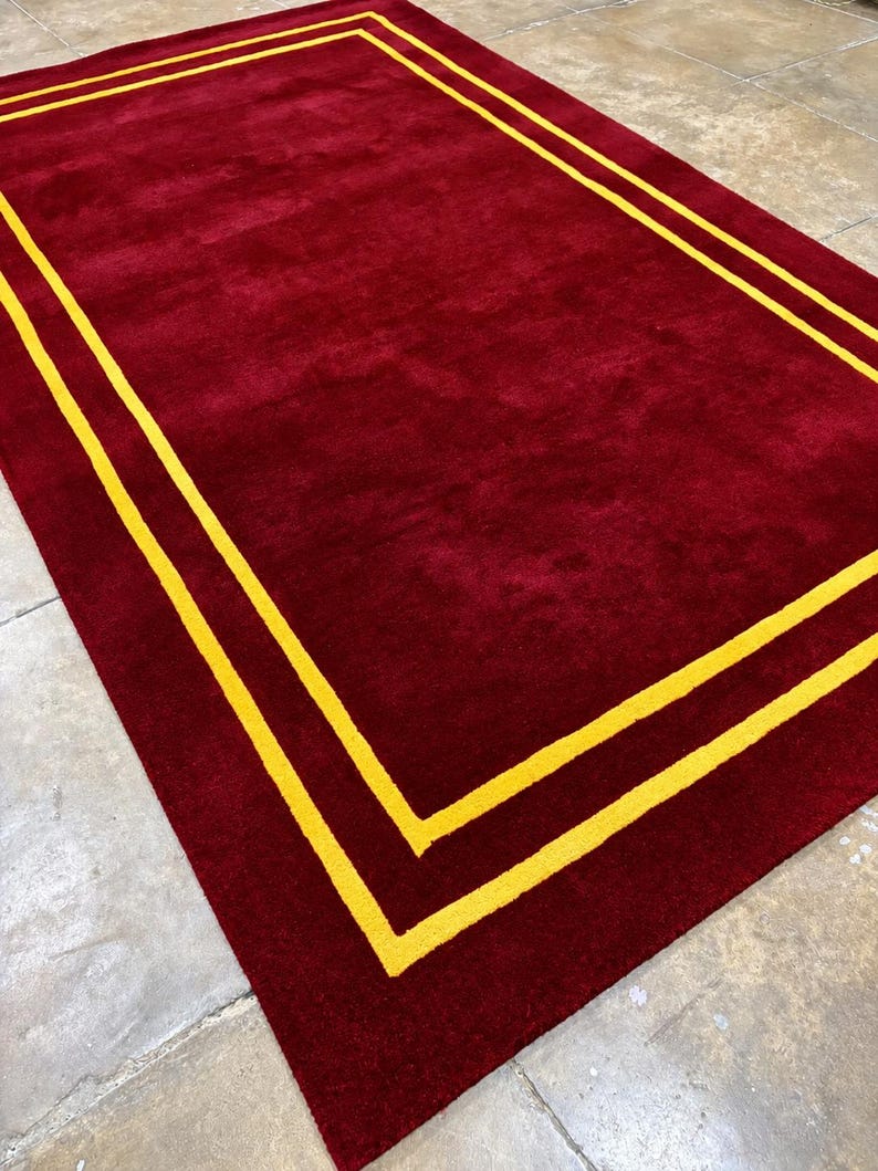 Hand Tufted Wool Area Rug | Maroon and Gold Border Modern Carpet for ...