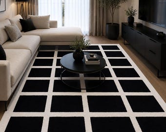 Hand getufteter Wollteppich | Moderner Schwarz-Weiß-Teppich für Wohnzimmer