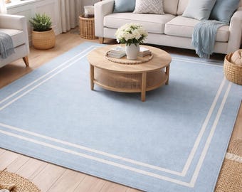 Hand Tufted Wool Area Rug | Light Blue White Border Modern Carpet For Living Room