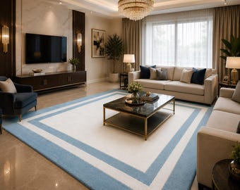 Hand Tufted Wool Area Rug | White Light Blue Border Modern Carpet
