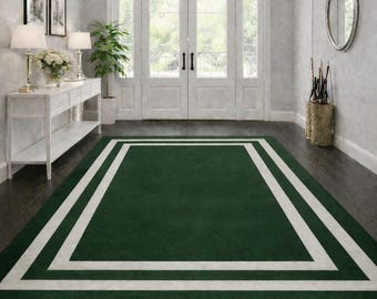 Hand Tufted Wool Area Rug | Green White Border Modern Carpet For Living Room