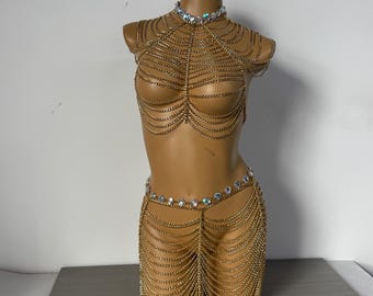 Gold Body Chain Harness Rave Festival Jewelry, Festival Coachella 2026 Outfit, Body Chain Dress Perfect for Beach Body Jewelry