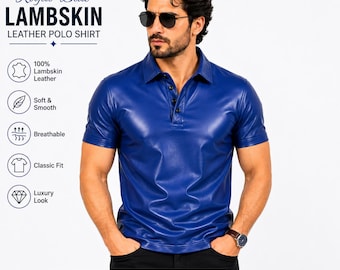 Herren Royal Blau Lammfell Leder Polo-Shirt | Weiches, glattes Luxus-Top