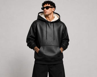 Herren Übergröße Schafsleder Hoodie, Fell gefütterte Pullover Jacke