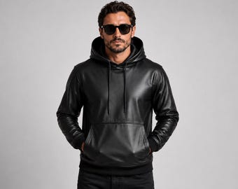 Schwarzer Lammfell-Leder Hoodie für Herren, echte Pullover Streetwear-Jacke