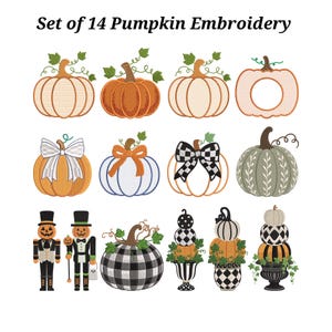 May include: A set of 14 pumpkin embroidery designs featuring various styles including orange, white, and green pumpkins, some with bows, checkered patterns, or stacked in urns, and two pumpkin-headed figures, labeled Set of 14 Pumpkin Embroidery.