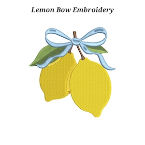 May include: Embroidered design featuring two yellow lemons with green leaves and a light blue bow. The text "Lemon Bow Embroidery" is at the top. The design is likely for embroidery projects, fabric crafts, or apparel.
