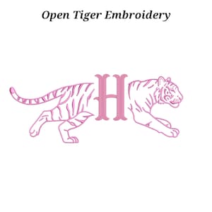 May include: Pink embroidery design of a tiger with the letter "H" incorporated into the design. The tiger is in a walking pose, with stripes and details. The text "Open Tiger Embroidery" is above the tiger.