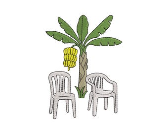 DTMF Chairs and Banana Plant Embroidery Design | Tropical Puerto Rico Machine Embroidery File