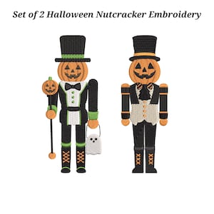 May include: A set of 2 Halloween Nutcracker Embroidery designs featuring two figures with orange pumpkin heads and black top hats. One figure holds a pumpkin staff and a white ghost bag, while the other wears a vest with orange buttons and a bow tie.