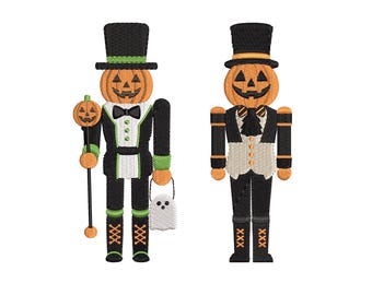 Wzór do haftu: Dziadek do orzechów na Halloween | Zestaw 2 figurek żołnierzyków z dyni do orzechów | Straszny plik do haftu maszynowego