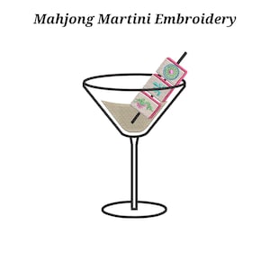 Puede incluir: Un vaso de martini bordado con un contorno negro, lleno de un líquido beige. Tres fichas de Mahjong bordadas están ensartadas con un palito negro. El texto "Mahjong Martini Embroidery" está en la parte superior.
