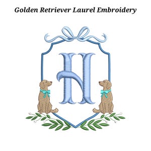 May include: Embroidered design featuring a light blue shield with a light blue ribbon at the top. Two golden retriever dogs with turquoise bows flank a light blue letter "H". The design includes the text "Golden Retriever Laurel Embroidery".