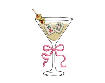 Mahjong Martini Cocktail Embroidery Design | Mahjong Tiles Coquette Machine Embroidery File