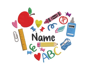 Heart Teacher School Supplies Embroidery Design | Teacher Name Gift School Machine Embroidery File