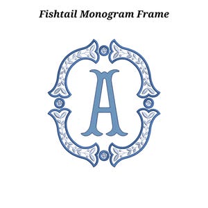 May include: A blue monogram letter "A" inside a decorative fishtail frame. The frame is outlined in a darker blue and features floral and leaf accents. The text "Fishtail Monogram Frame" is at the top.