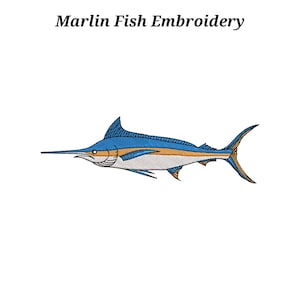 May include: Embroidered marlin fish design in blue, orange, and white. The marlin has a long, pointed bill and a distinctive dorsal fin. The text "Marlin Fish Embroidery" is above the fish.