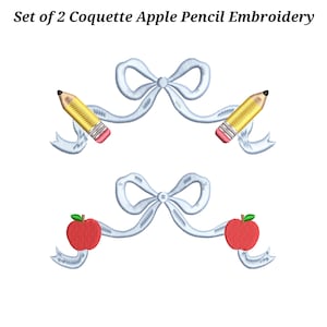 May include: A set of two embroidery designs featuring the text Set of 2 Coquette Apple Pencil Embroidery. Each design displays a light blue ribbon tied into a bow, with one pair featuring yellow pencils and the other featuring red apples.